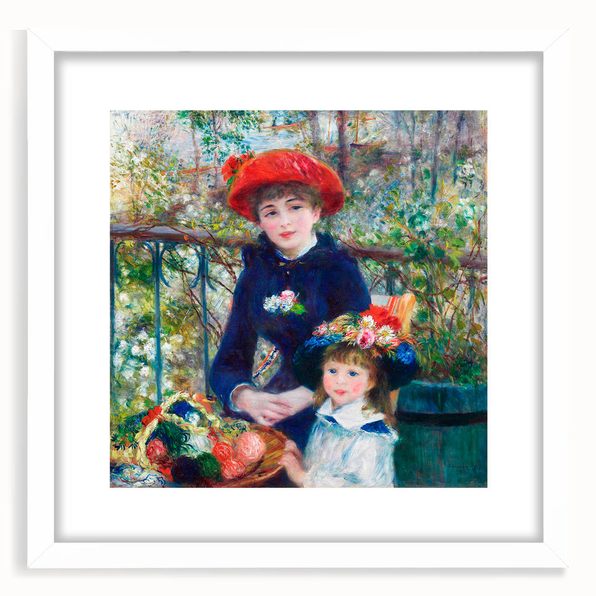 Abstract art print of a colorful, impressionistic garden scene on a white-framed canvas.