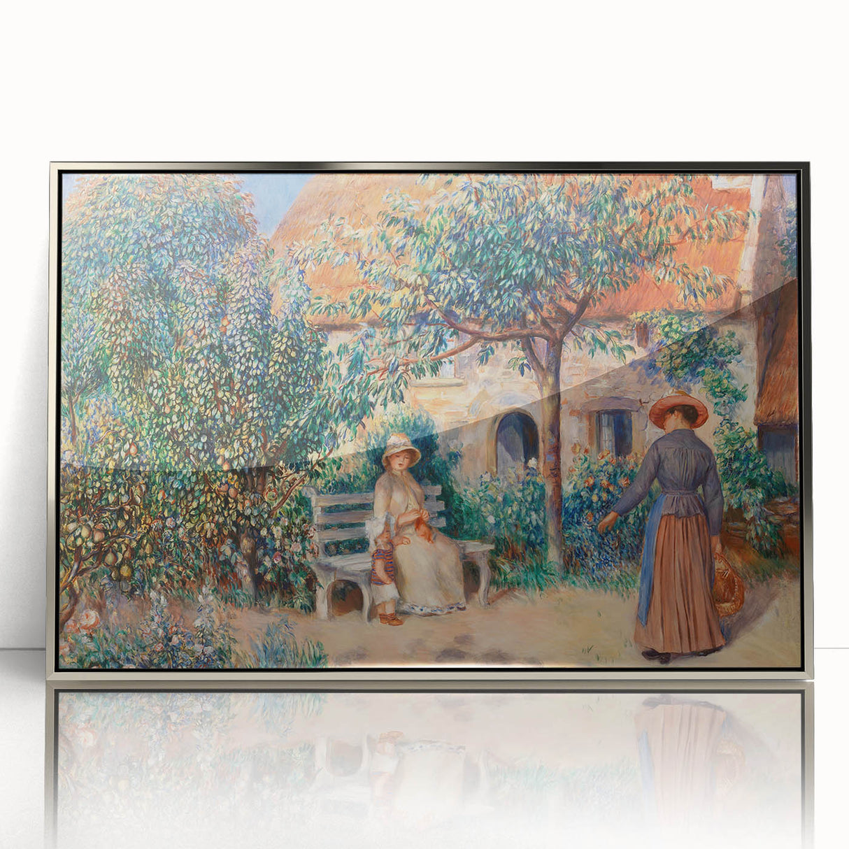 Mid-century modernist art by Pierre-Auguste Renoir, featuring muted pastel shades on a framed acrylic.
