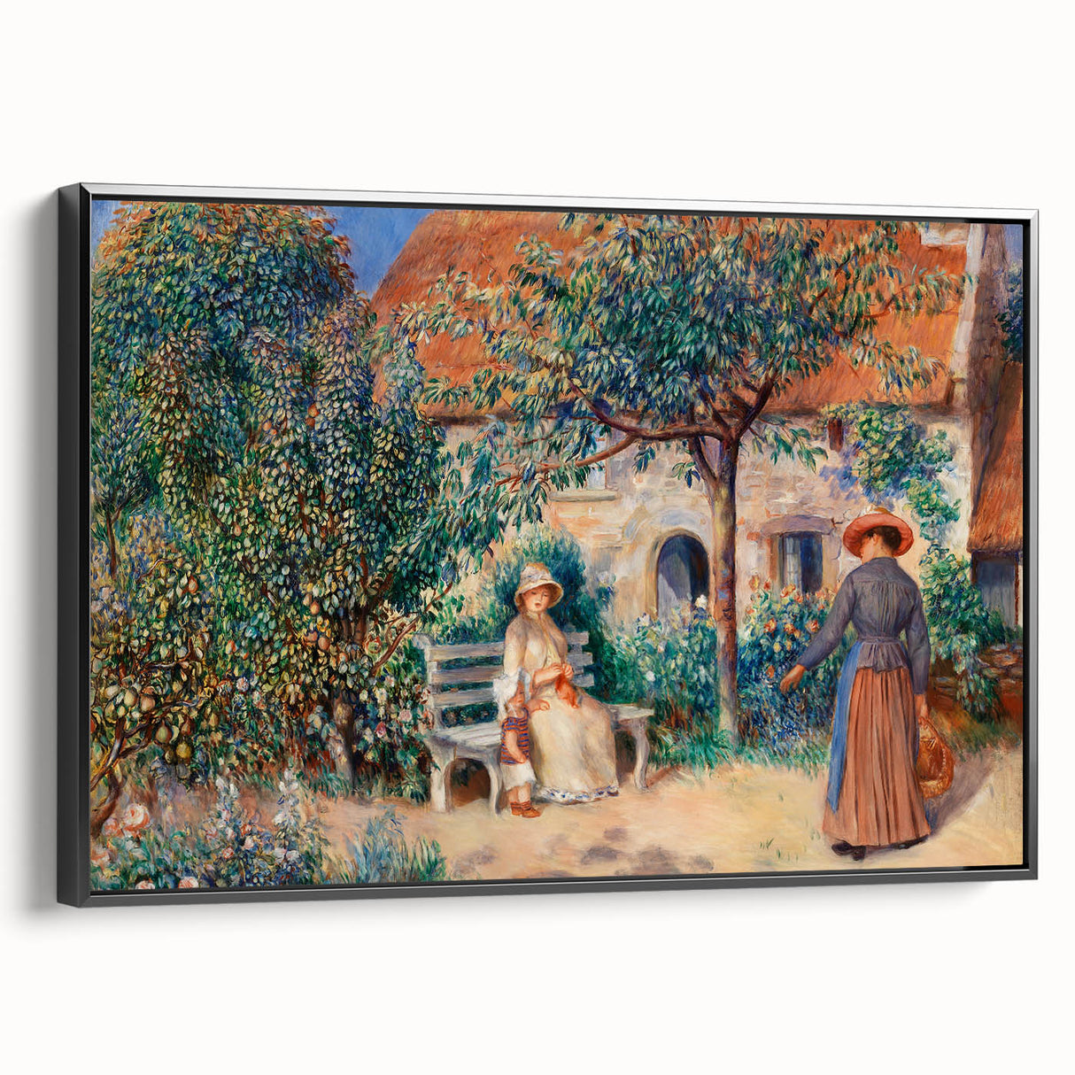 Black and white framed canvas of a vintage landscape painting, ideal for bedroom wall decor.