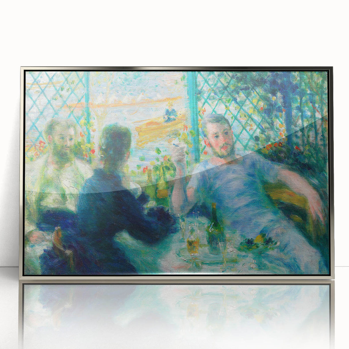 Mid-century modernist art by Pierre-Auguste Renoir featuring a silver-framed acrylic print with soft pastel tones.