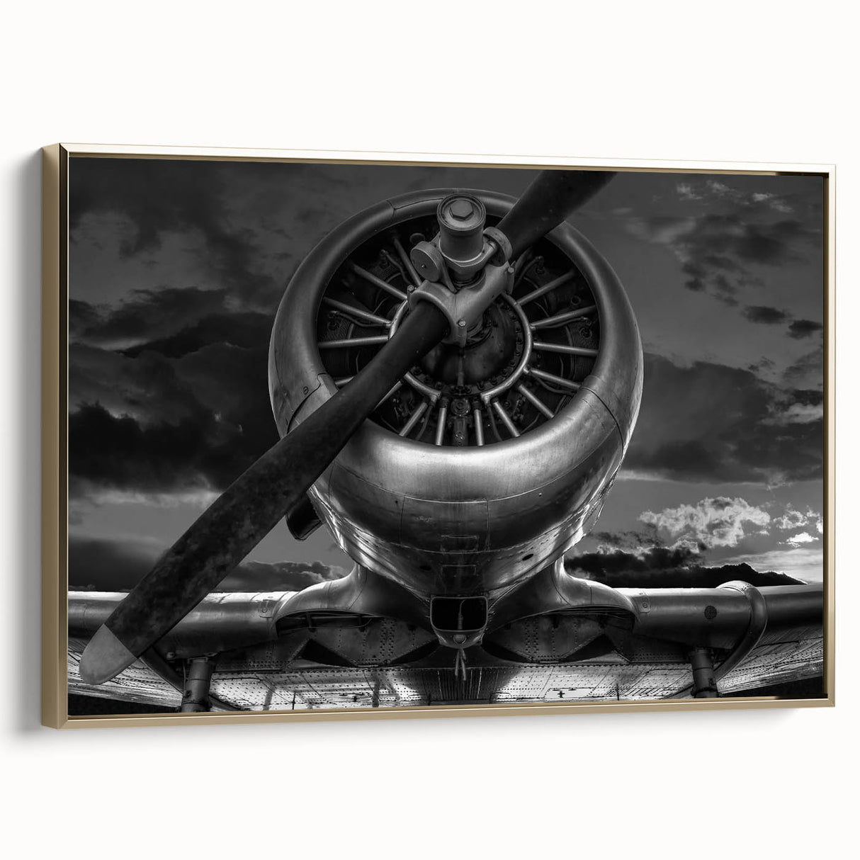 Vintage airplane poster in black and gold tones, framed canvas, suitable for bedroom wall art.