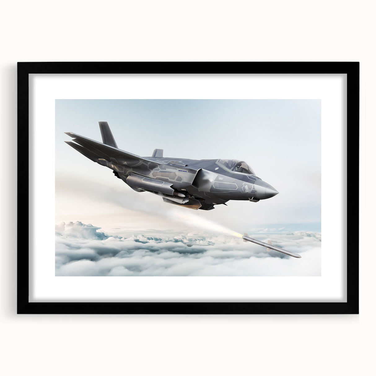 Abstract art print featuring a colorful airplane design on textured canvas, framed in black.