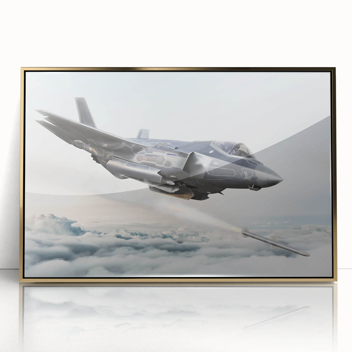 Large abstract wall art featuring a mid-century modernist airplane design in gold and black tones on framed acrylic.
