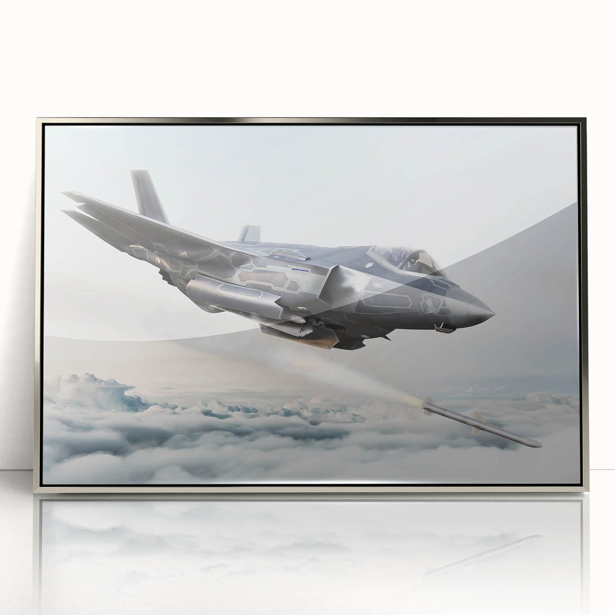 Mid-century modernist art featuring a silver airplane on a muted blue background, framed acrylic print.
