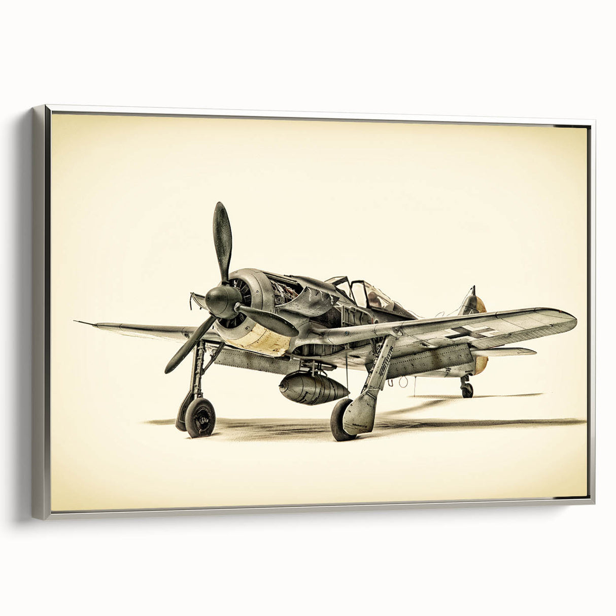 Framed canvas featuring a vintage poster of a colorful airplane on a black background, ideal for office or study decor.