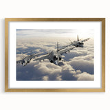 Abstract art print of airplanes in motion, using vibrant blues and whites on a framed gold canvas.