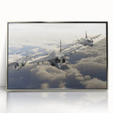 Mid-century modernist art of a vintage airplane in muted gray tones on a silver-framed acrylic print.