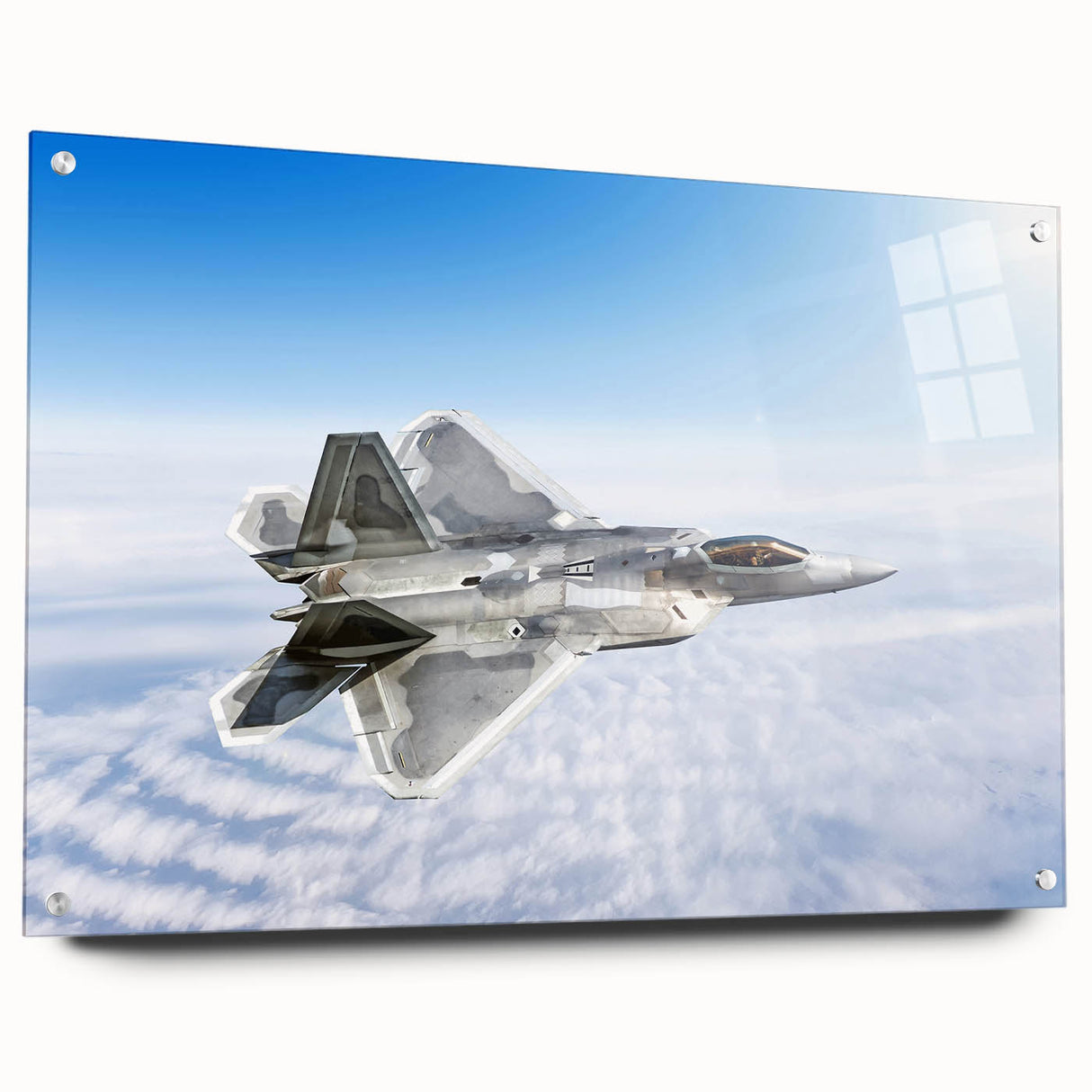 Side view of an airplane depicted in large abstract style on acrylic glass, using a monochrome palette.
