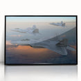 Large abstract wall art featuring a mid-century modernist airplane design in black and white, framed acrylic.