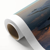 Art deco poster of a vintage airplane in flight, rendered in muted grey and blue tones on rolled canvas.
