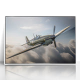 Mid-century modernist art of a vintage airplane in muted gray and blue tones, framed acrylic print.