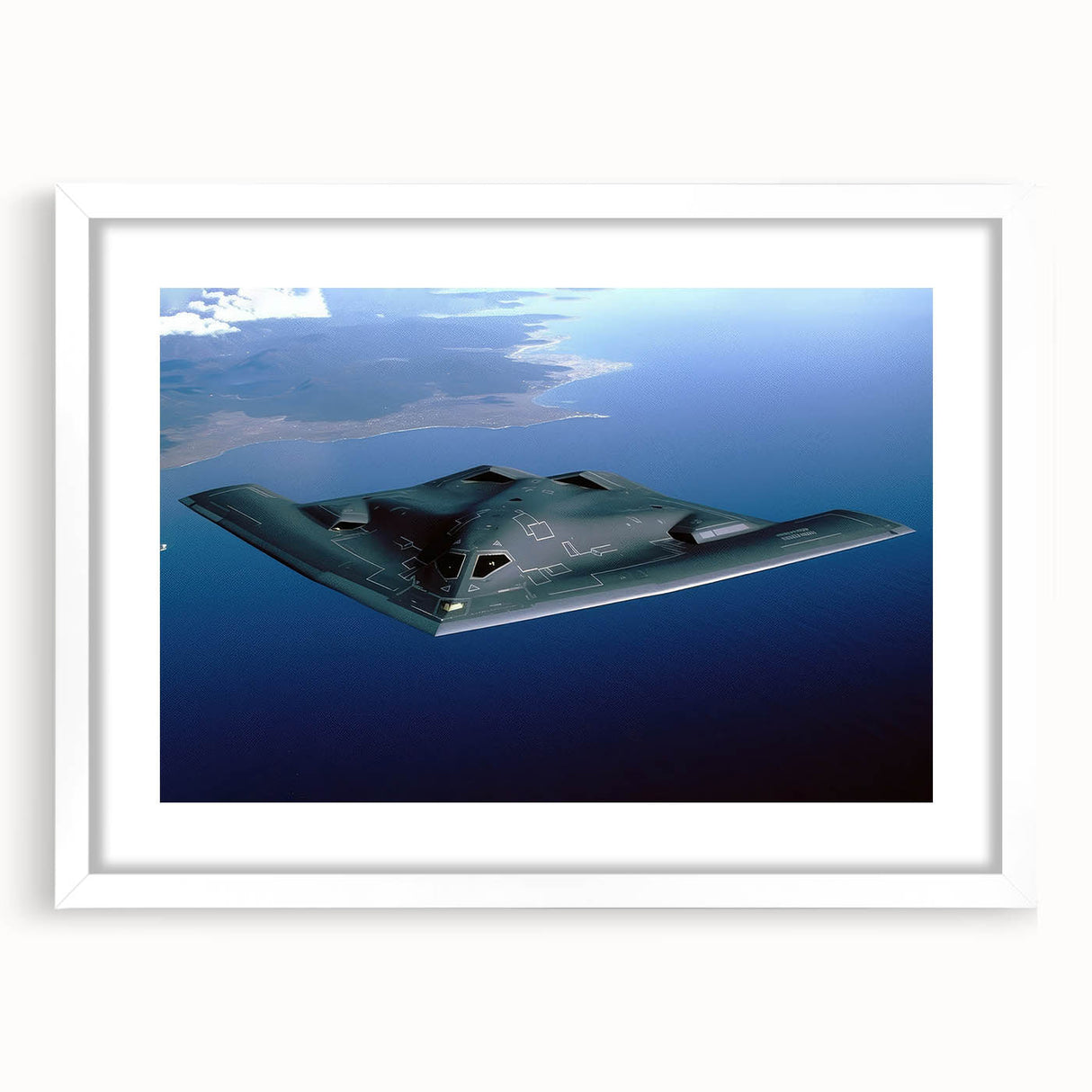 Extra large abstract airplane design in textured gray and blue tones on a white framed mat, ideal for living room decor.