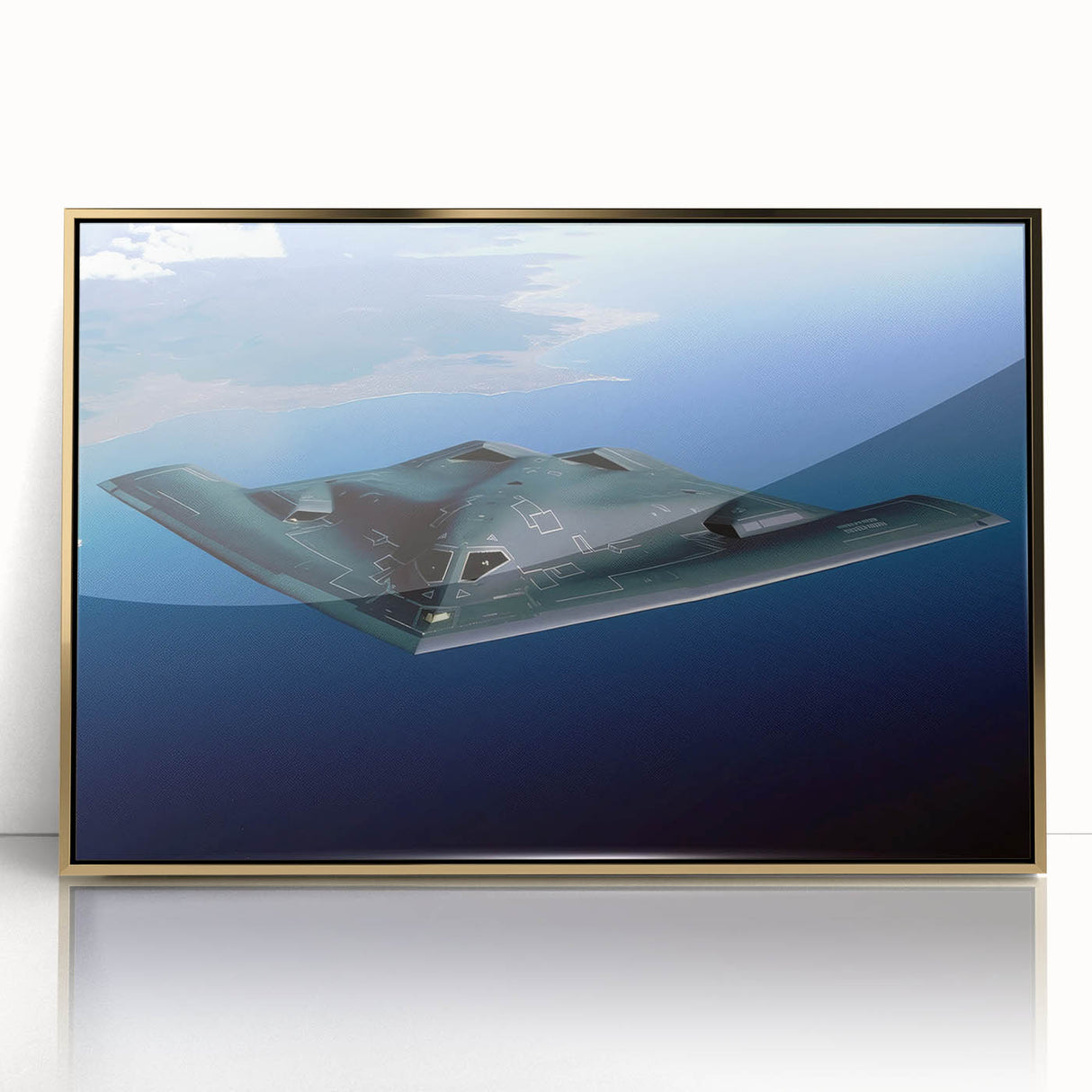 Mid-century modernist art print of airplane, muted blue and gold tones on acrylic, ideal for nursery wall decor.