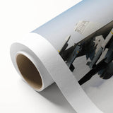 Art Deco style poster of a vintage airplane in muted gray and blue tones on rolled canvas, suitable for nursery wall art.