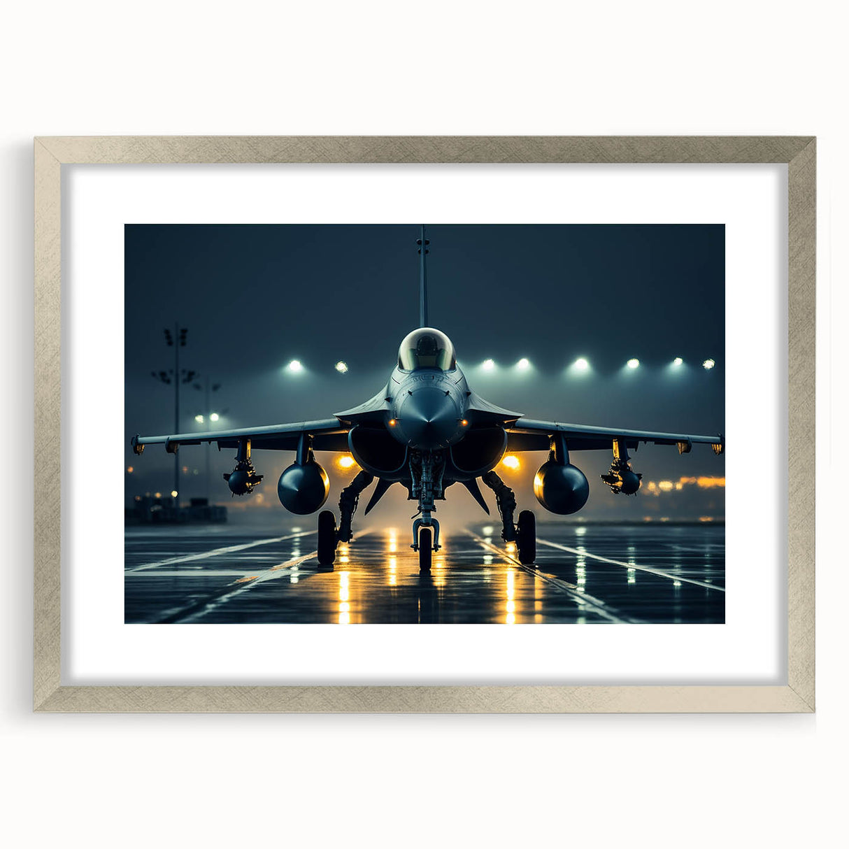 Abstract art print of an airplane in muted gray and blue tones on a framed canvas, suitable for dining room decor.
