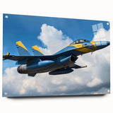 Acrylic print of a large abstract airplane design in muted gray and blue tones.