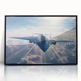 Large abstract airplane design in muted gray and white on black acrylic, framed, ideal for dining room art.