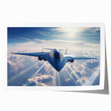 Art deco poster featuring a vintage airplane, rendered in bold blue and silver tones on a rolled canvas.