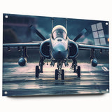 Side view of an airplane depicted in large abstract wall art on acrylic glass, featuring neutral and metallic tones.