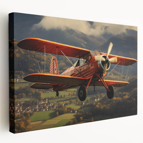 Large art print of a vintage airplane in muted sepia tones on stretched canvas, ideal for kitchen wall art.