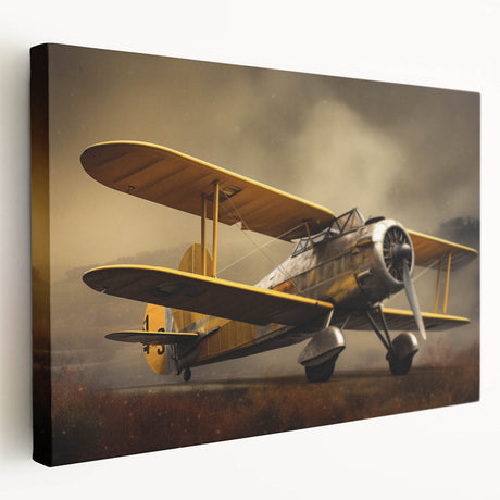 Side view of a classic airplane on a stretched canvas with muted gray and blue tones, ideal for kitchen wall art.