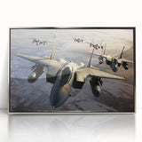 Mid-century modernist art of an airplane in silver and gray tones, acrylic framed, ideal for nursery wall art.