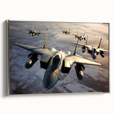 Vintage poster art of a silver airplane on a black background, printed on a large framed canvas, ideal for living room decor.