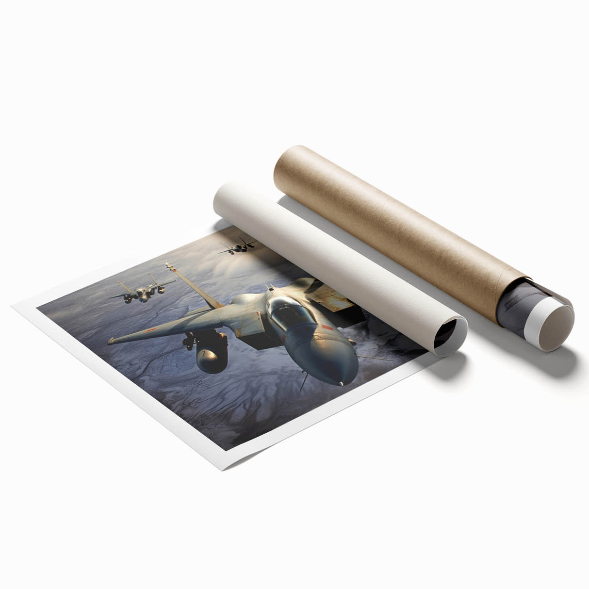 Rolled print of a vintage airplane in muted sepia tones, suitable for dining room wall decor.