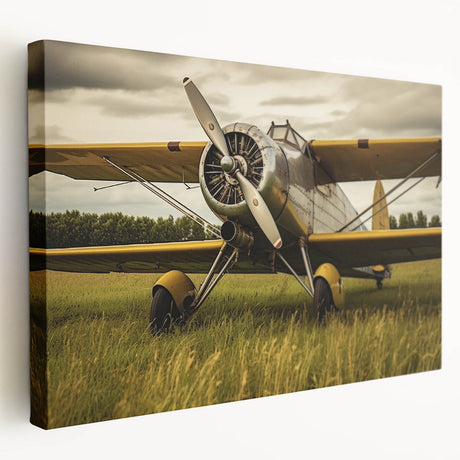 Vintage airplane illustration on a large stretched canvas in muted sepia tones, suitable for kitchen wall art.