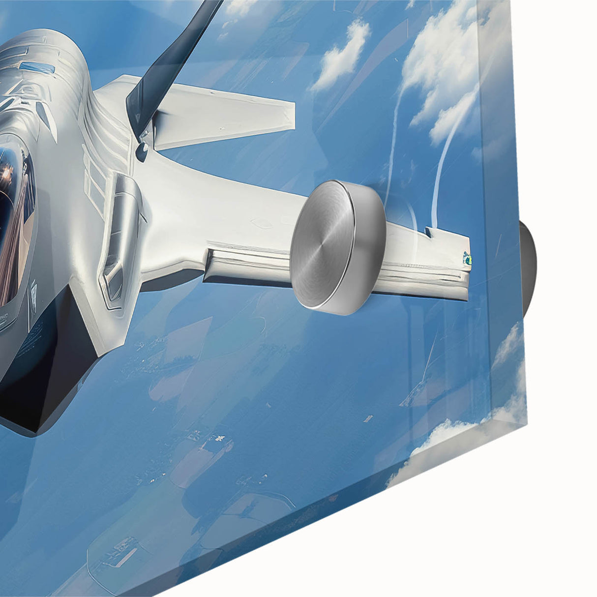 Large abstract wall art of an airplane in soft gray and blue tones on acrylic glass.