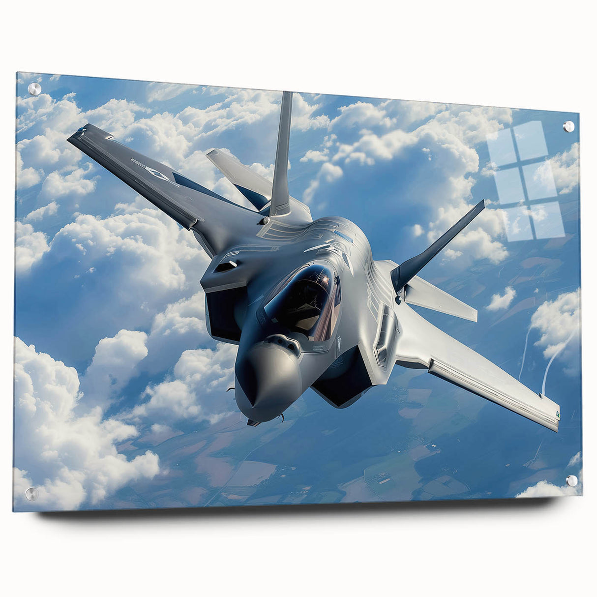 Acrylic print of a large abstract airplane design in cool gray tones, suitable for bedroom or dining room decor.