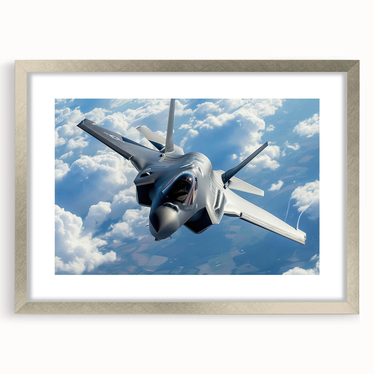 Abstract art print of an airplane in grayscale, framed in silver, suitable for bedroom or dining room decor.