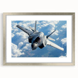 Abstract art print of an airplane in grayscale, framed in silver, suitable for bedroom or dining room decor.
