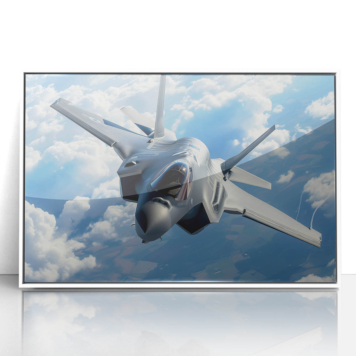 Mid-century modernist art of airplanes in flight, rendered in muted blues and whites on a framed acrylic.