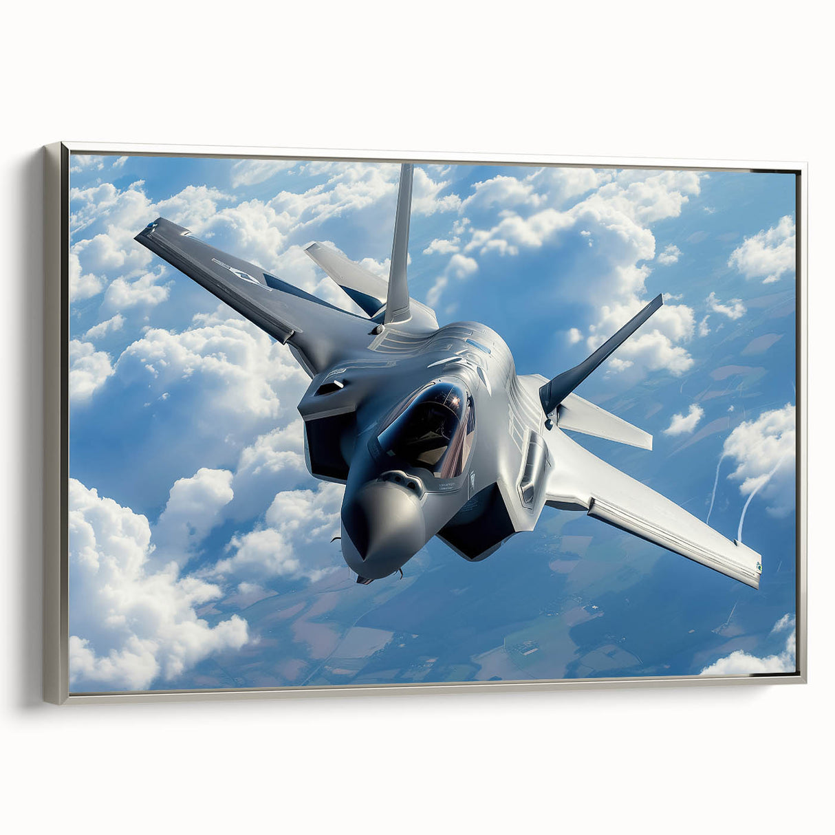 Framed canvas of a vintage airplane in grayscale with colorful landscape background, ideal for office decor.