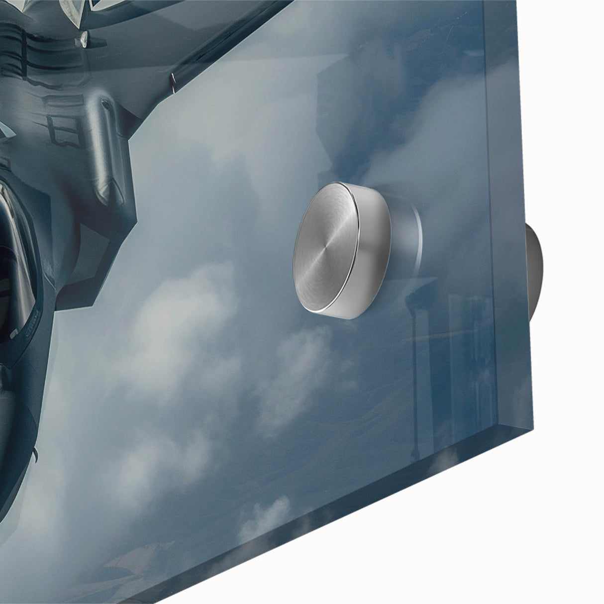 Close-up of a large abstract airplane design in muted gray on acrylic glass, suited for bedroom or dining room art.