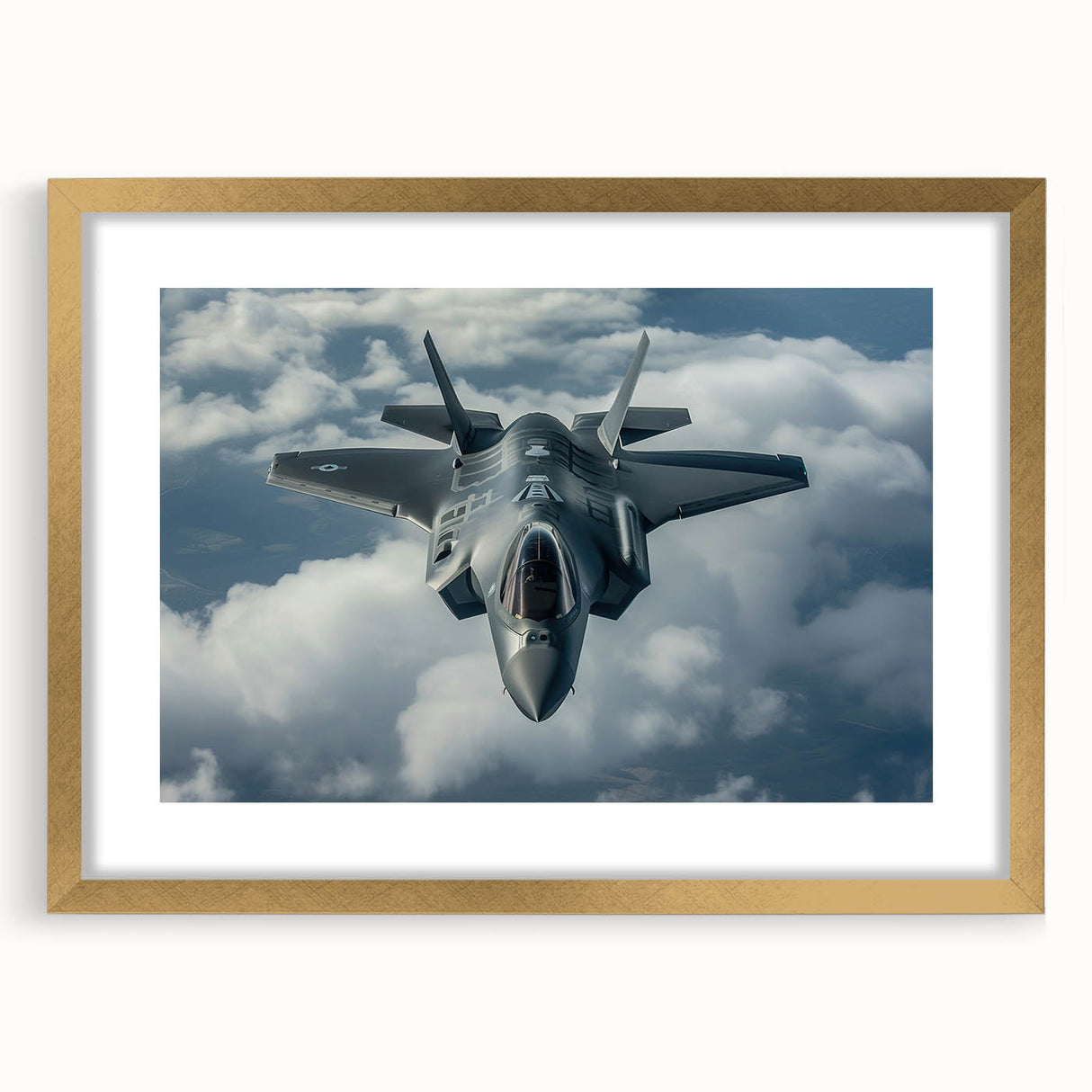 Abstract art print of an airplane in gold and black tones, framed with a gold mat, suitable for dining room decor.