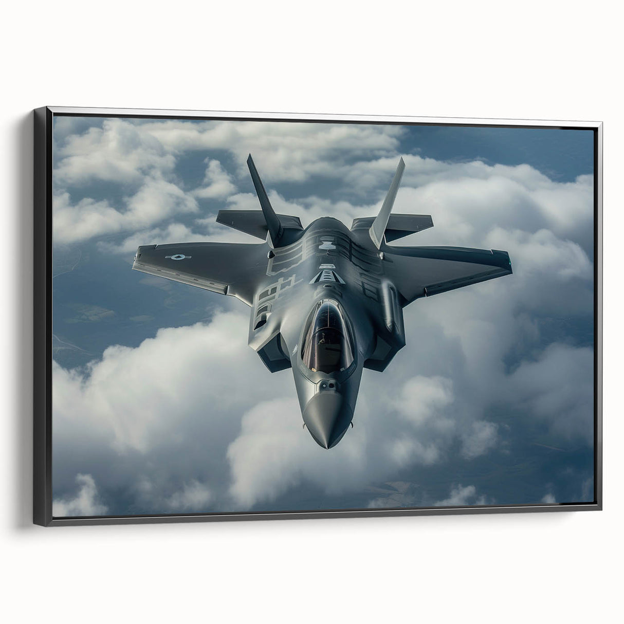 Vintage poster art of a side-view airplane on a black framed canvas, featuring vibrant colors, ideal for living room decor.