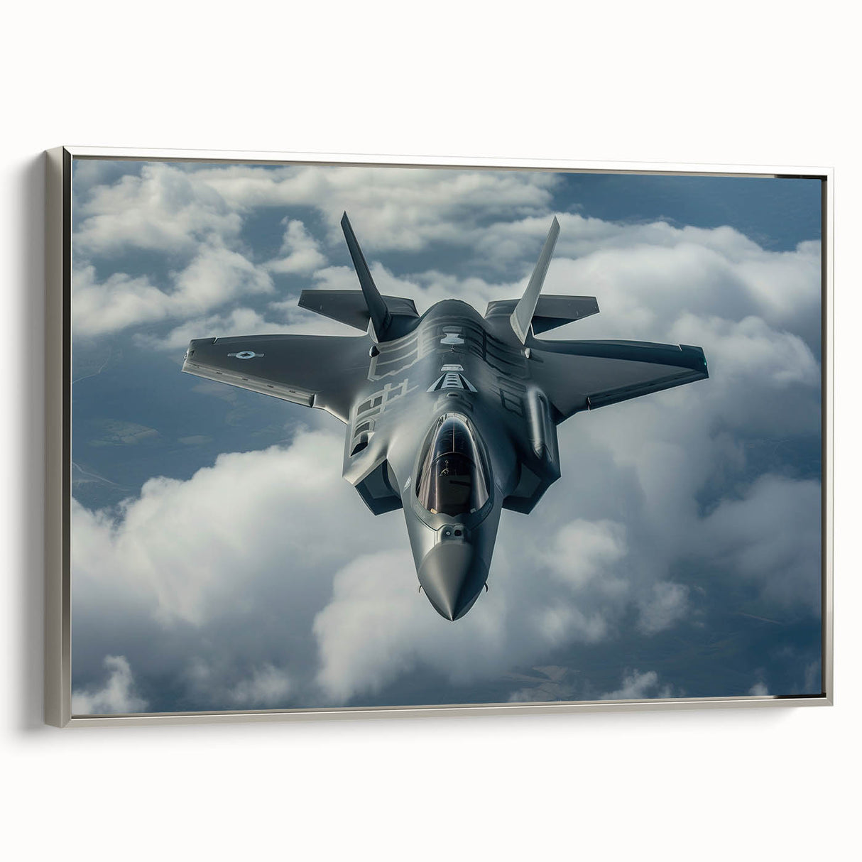 Silver-framed canvas featuring a side view of a vintage airplane in black and white, ideal for bedroom wall art.