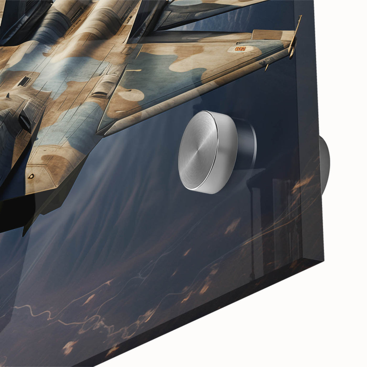 Large abstract depiction of an airplane in muted grays and blues on acrylic glass, suitable for bedroom or dining room art.