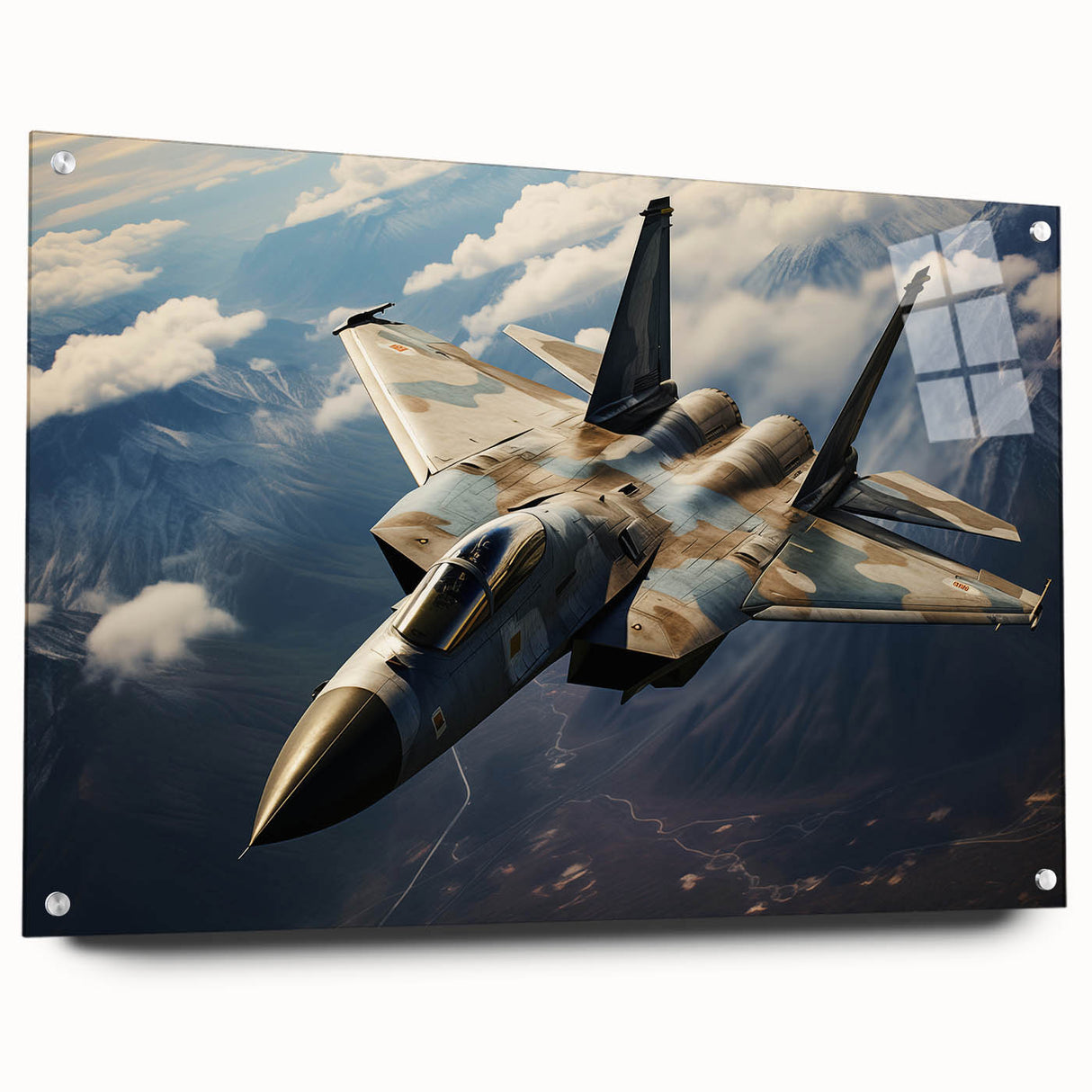 Side view of an airplane depicted in vibrant blue and white tones on acrylic glass.