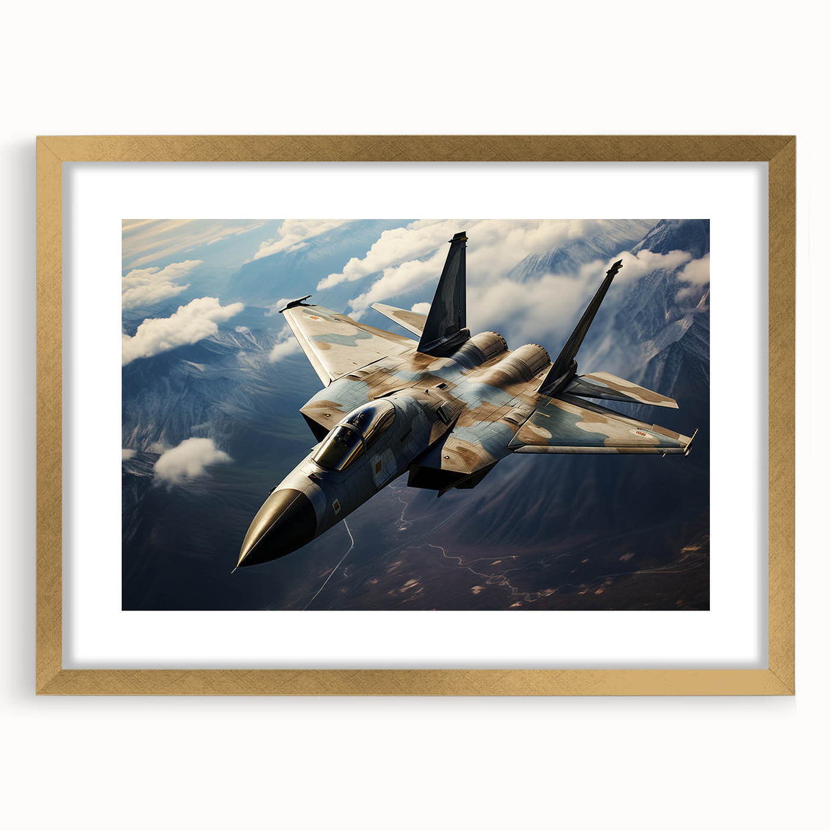 Textured abstract art print of an airplane, rendered in gold and black tones on a framed canvas, suitable for bedroom art.