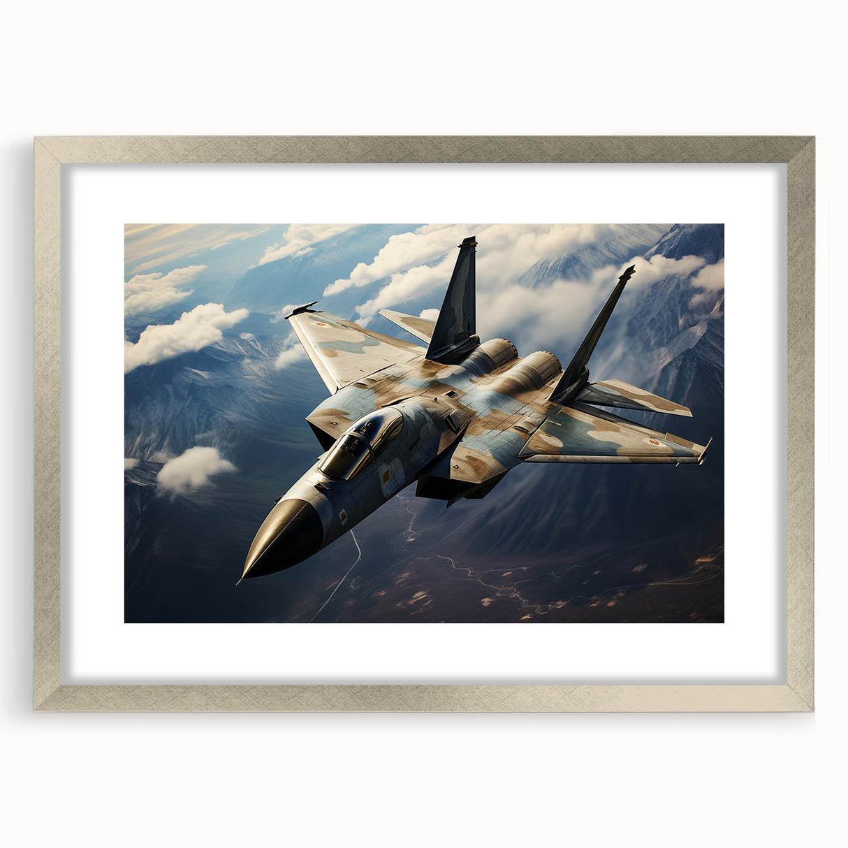 Abstract art print of an airplane in silver and gray tones on a framed canvas, suitable for bedroom or dining room decor.