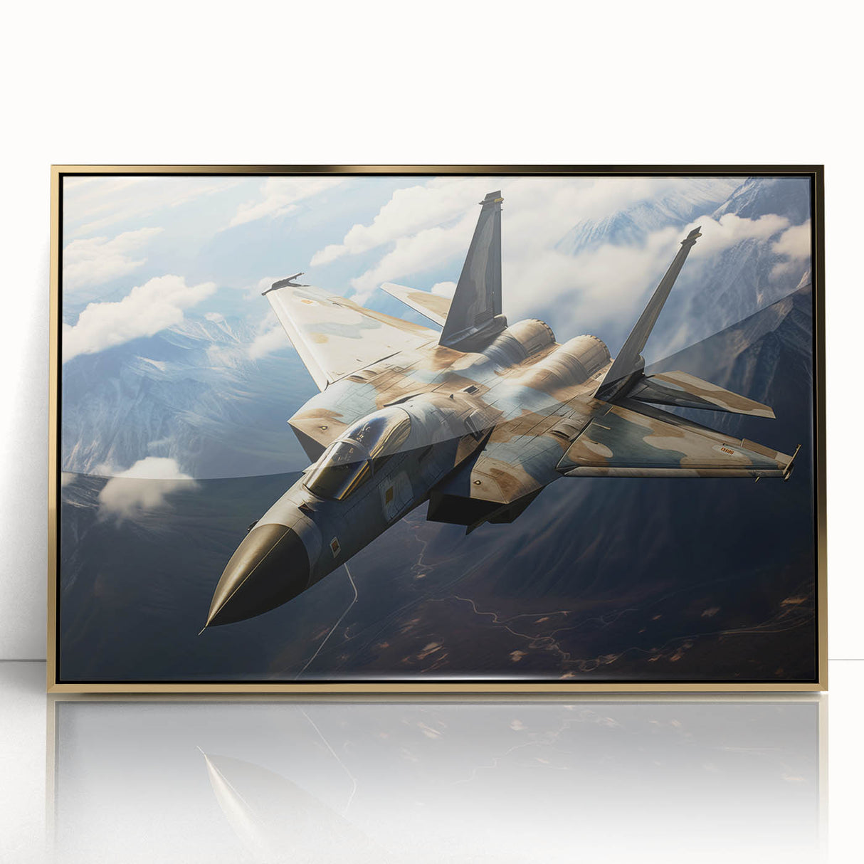 Mid-century modernist art of airplanes in flight, displayed in a gold-framed acrylic, suitable for nursery wall art.