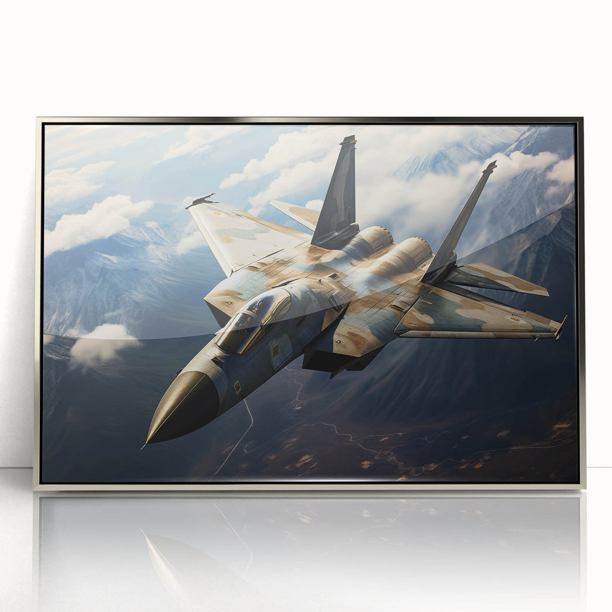Mid-century modernist art of a silver airplane, acrylic print in a silver frame, suitable for nursery wall decor.