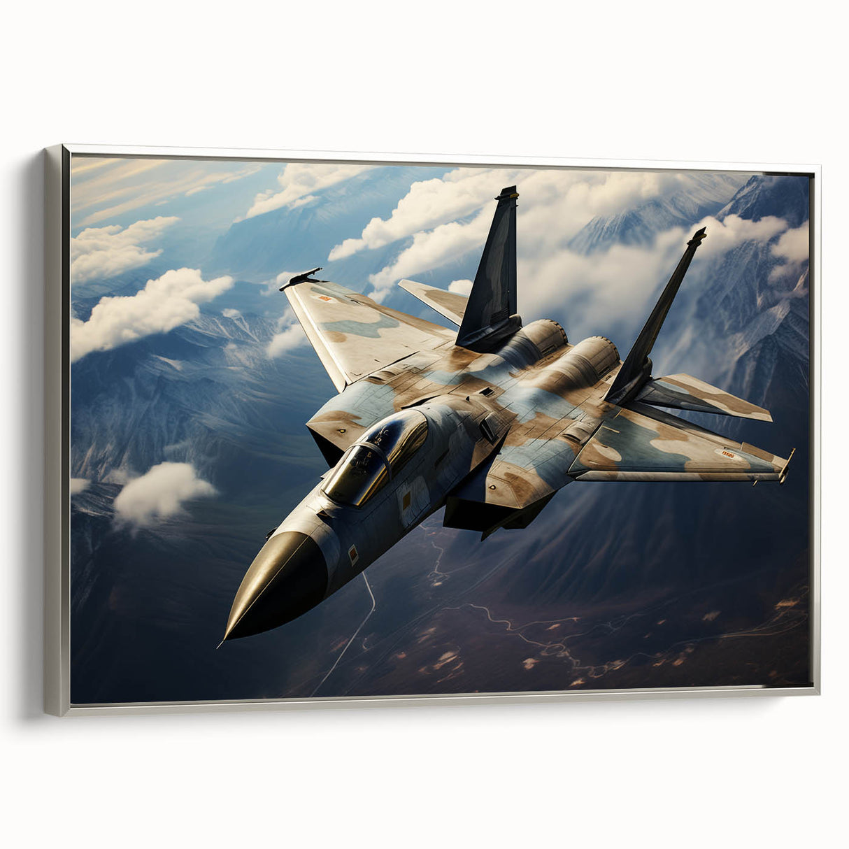 Vintage poster art of a silver airplane on black background, framed canvas, ideal for living room decor.