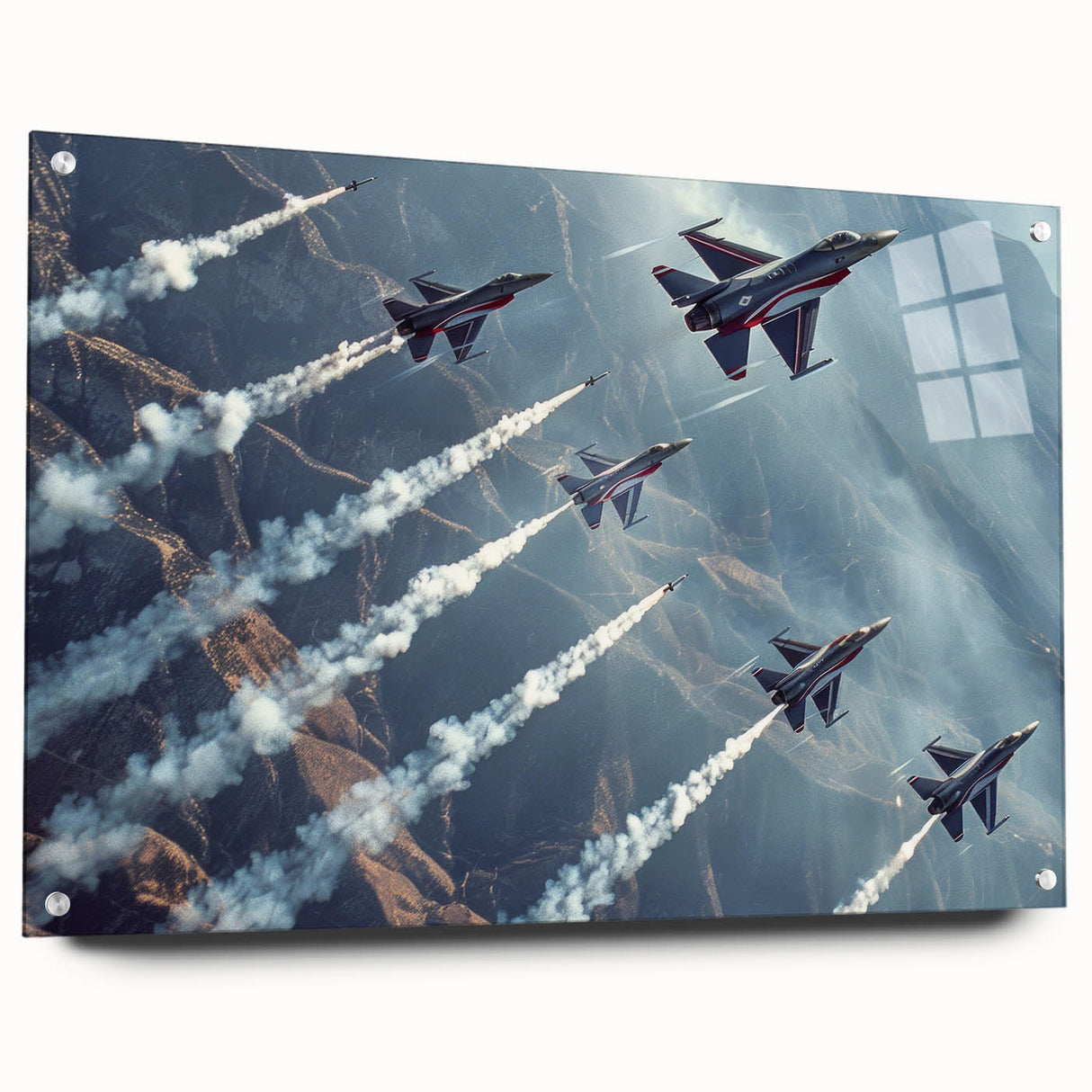 Acrylic print of a large abstract airplane design in grayscale, suitable for bedroom or dining room decor.