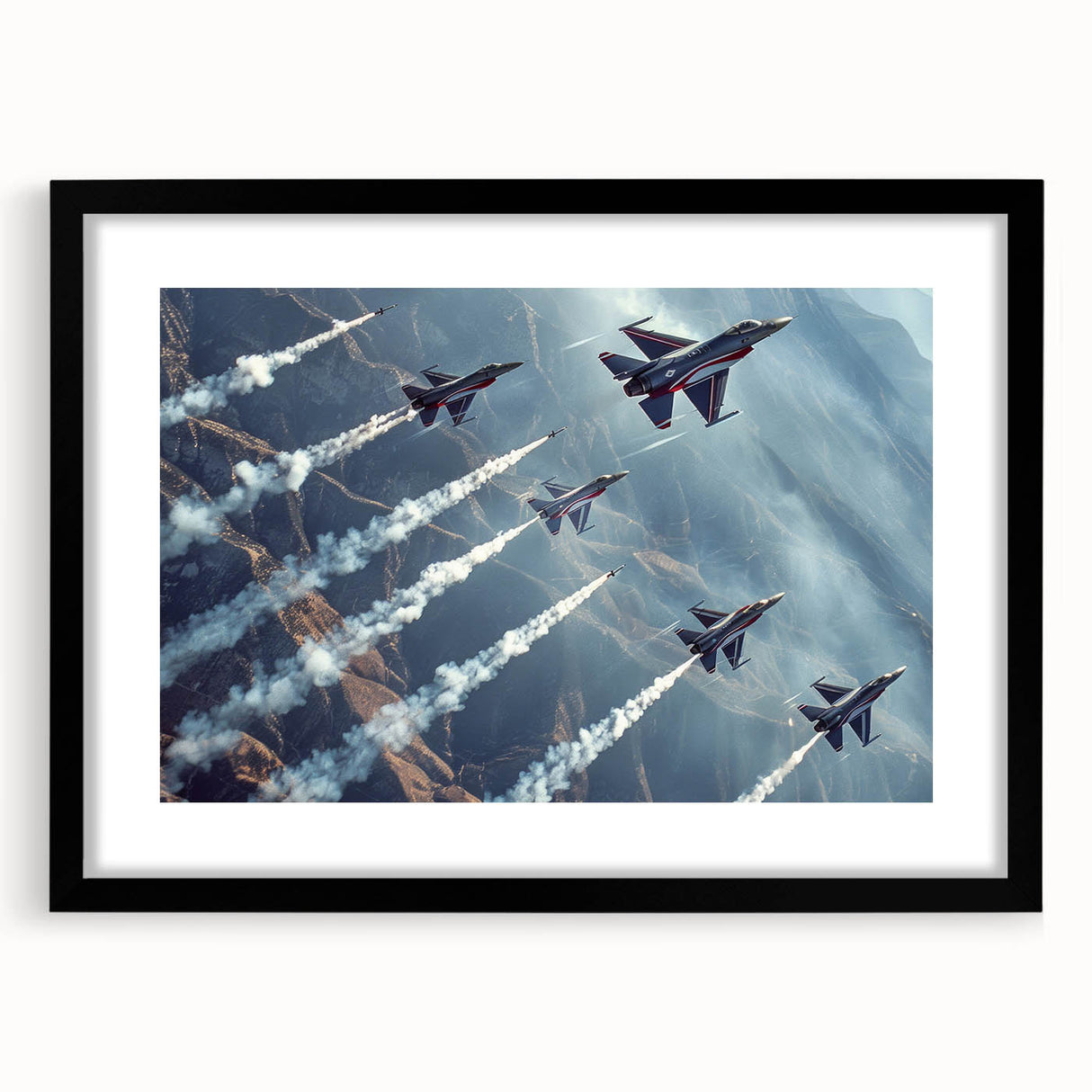 Extra large, textured abstract art print featuring colorful airplanes, in a black frame, ideal for living room decor.