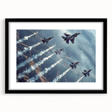 Extra large, textured abstract art print featuring colorful airplanes, in a black frame, ideal for living room decor.