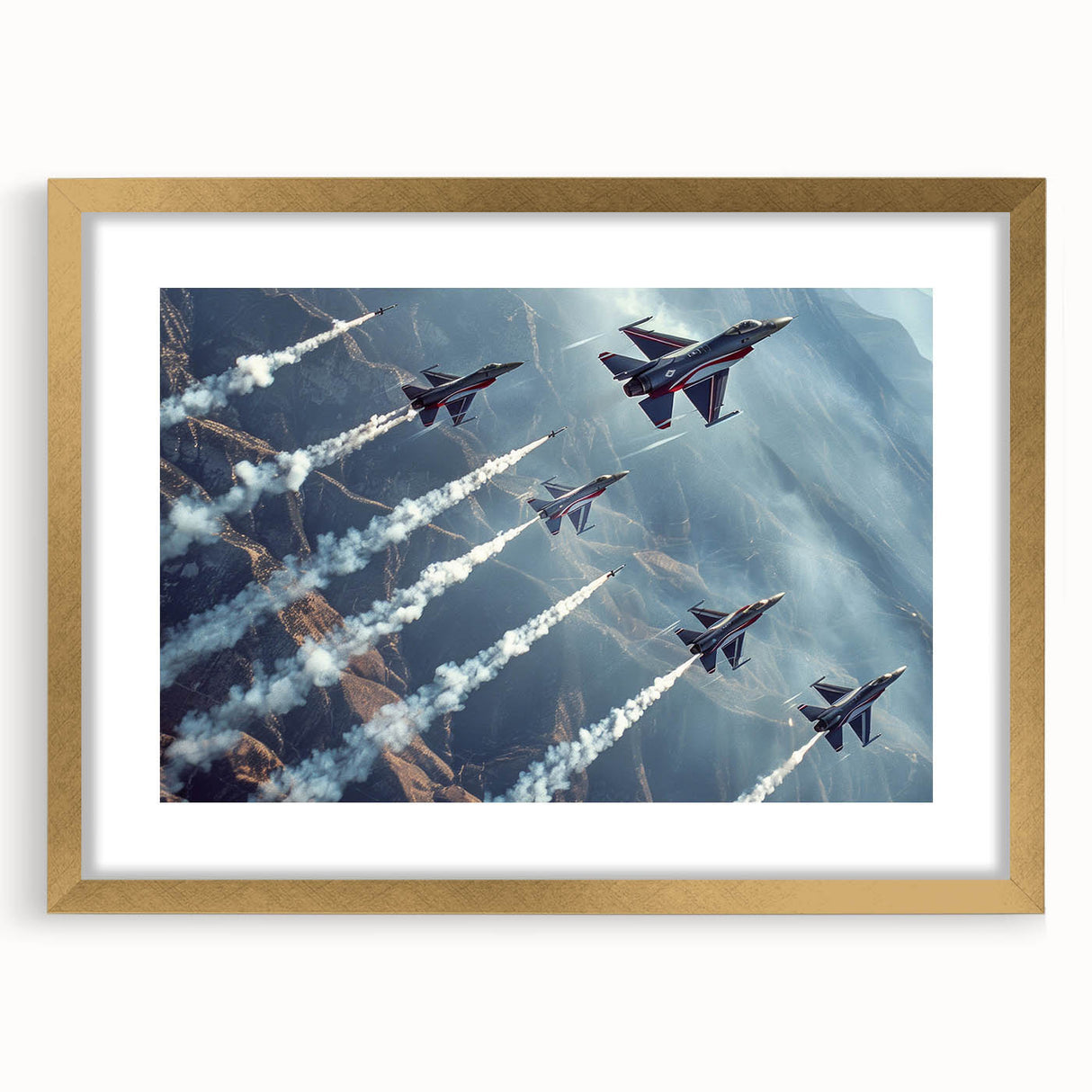 Textured art print featuring abstract airplanes in muted gray and gold, framed in gold, ideal for bedroom decor.